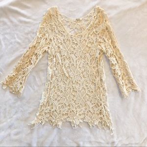 Cream Lace Crochet Long Sleeve Top Blouse
